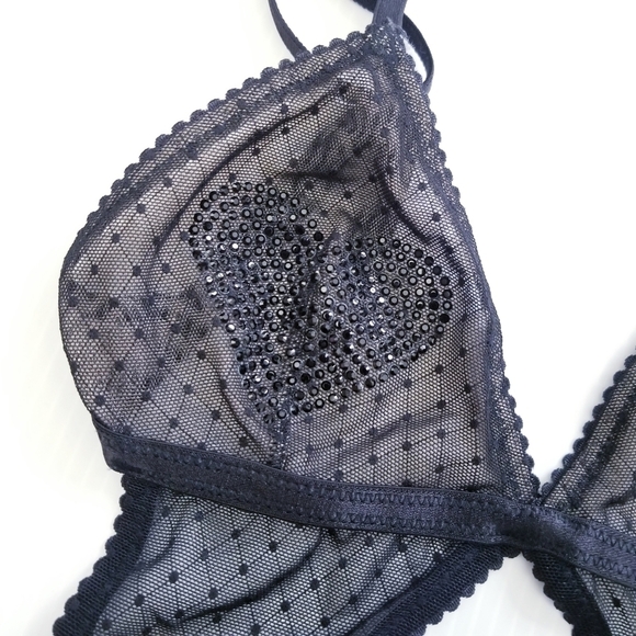 VICTORIA'S SECRET Very Sexy Black Mesh Heart Rhinestones Teddy Size Small - Picture 10 of 16